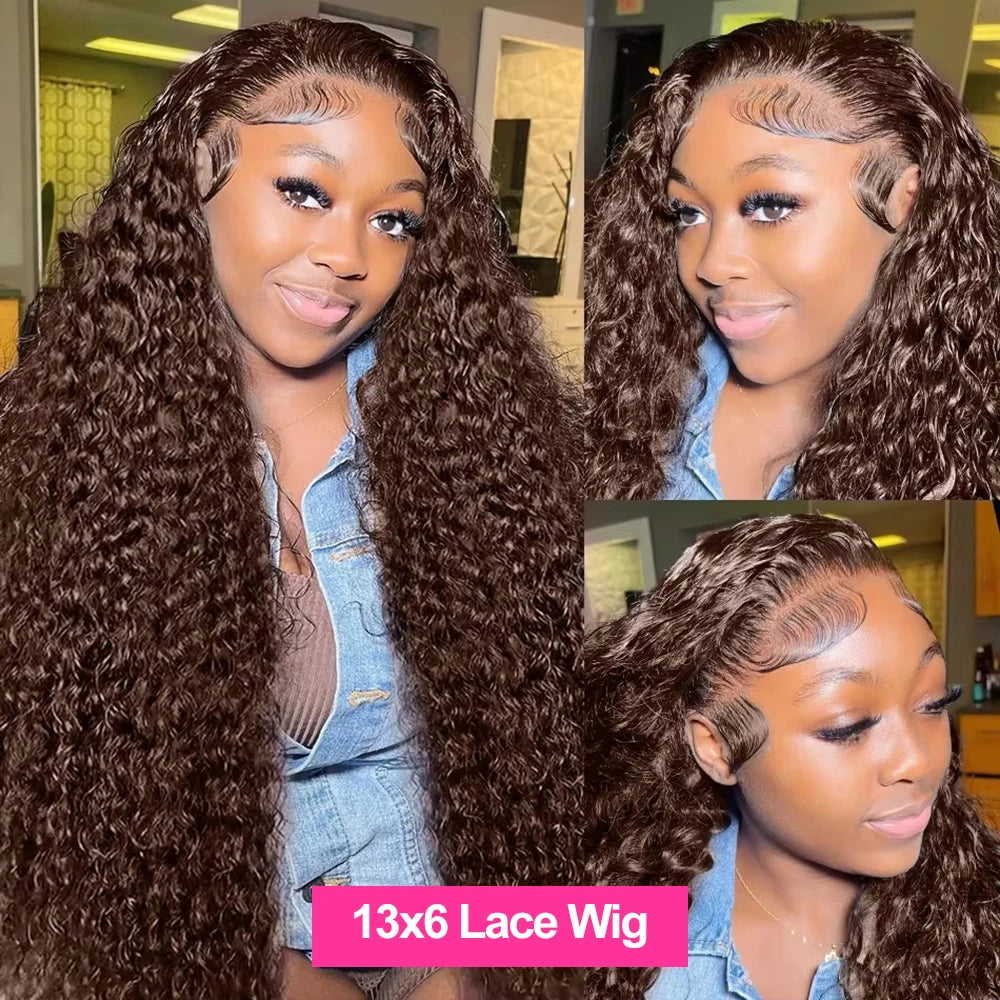 Curly Wig 13x4 Chocolate Brown Lace Front Wig 13x6 HD Transparent Lace Frontal Wig Colored Water Wave Human Hair Wigs For Women