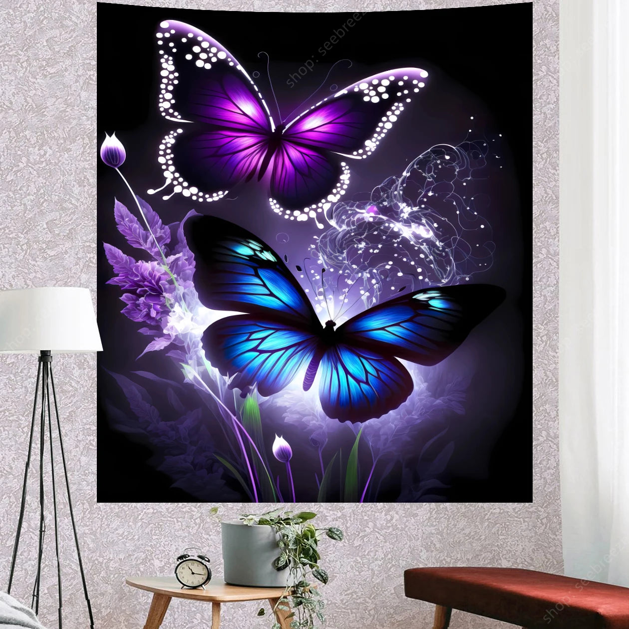 Butterfly Flower UV Reactive Tapestry Wall Hanging Hippie Boho Room Decor