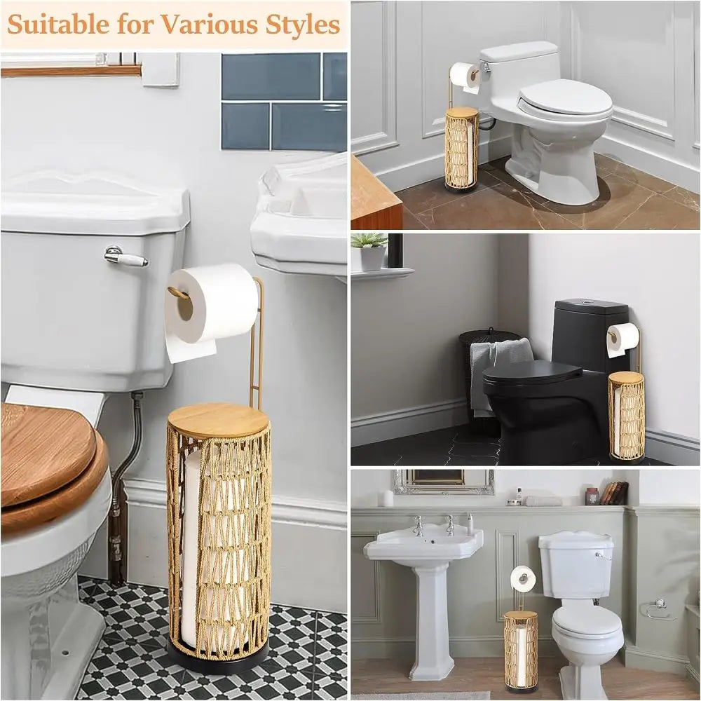 Freestanding Toilet Paper Holder with Storage,3 Rolls of Tissue Holder for Bathroom,Handmade WovenToilet Roll Holder Stand