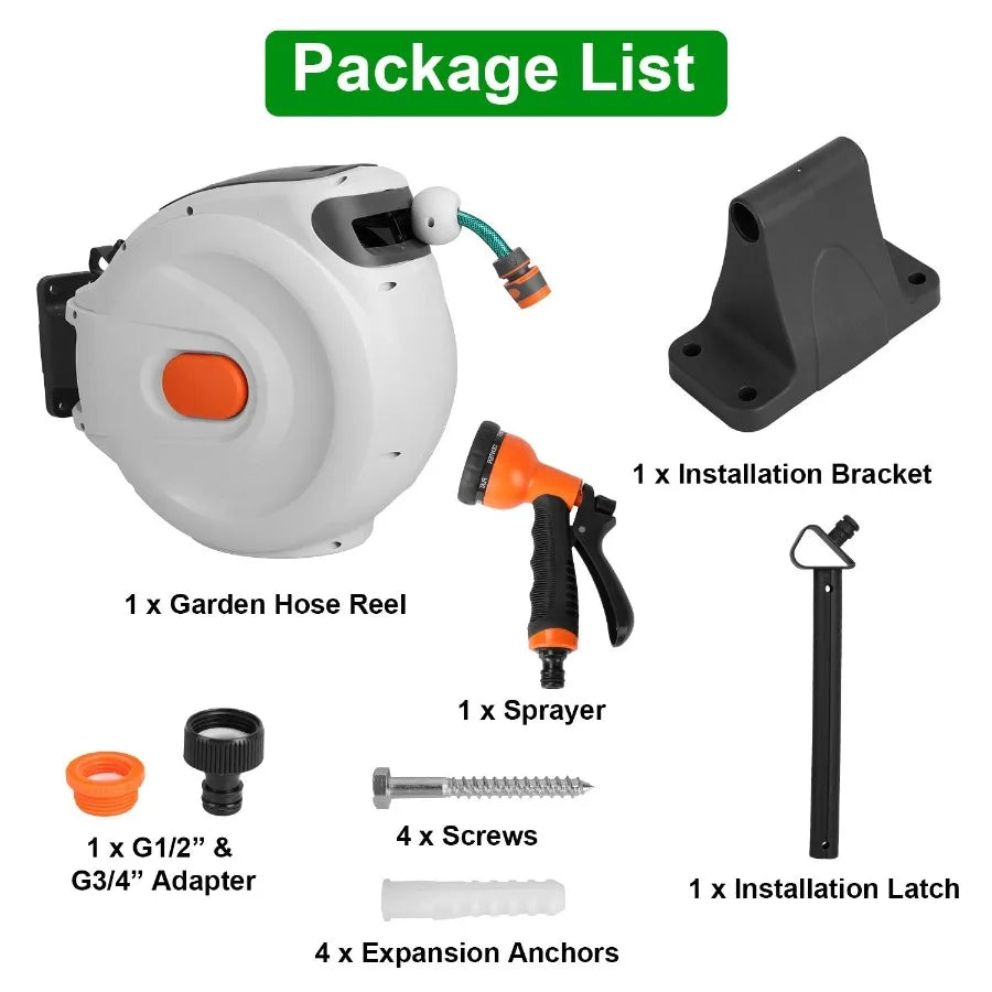 Retractable Garden Hose Reel Wall Mounted Automatic Water Hose Reel with Any Length Lock 8 Pattern Spraying Modes 180 Swivel Br