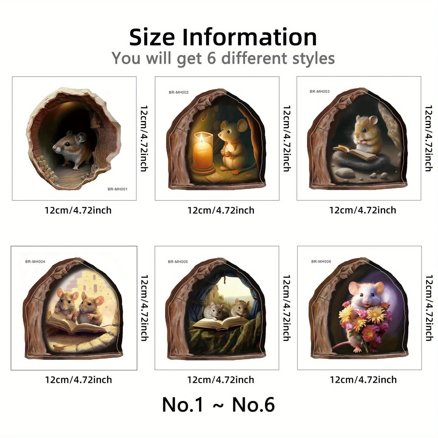 6pcs Different 3D Mouse Hole Wall Stickers for Corner Stairs