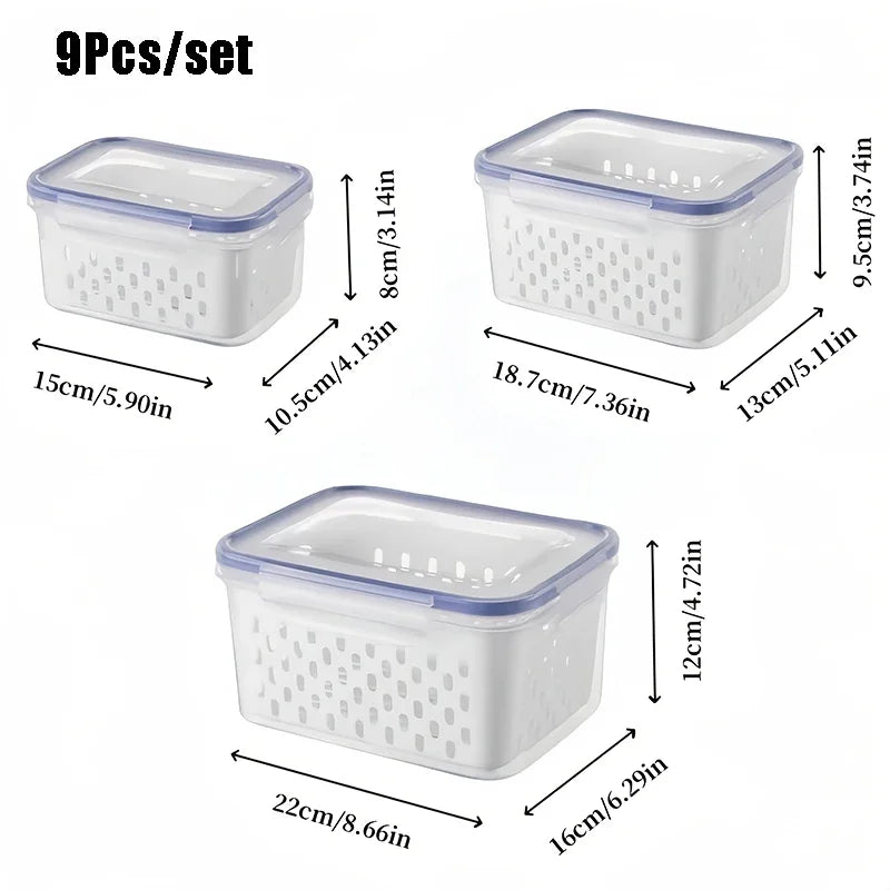 9Pcs/set Fruit Storage Containers for Fridge, Fridge with Removable Colander, All-In-One Fruit Washing Bowl with Strainer
