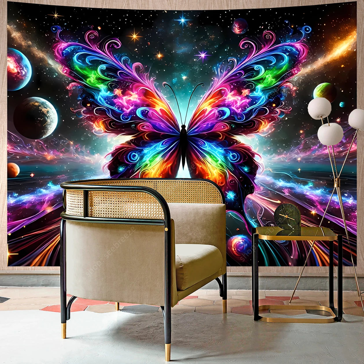 Butterfly Flower UV Reactive Tapestry Wall Hanging Hippie Boho Room Decor