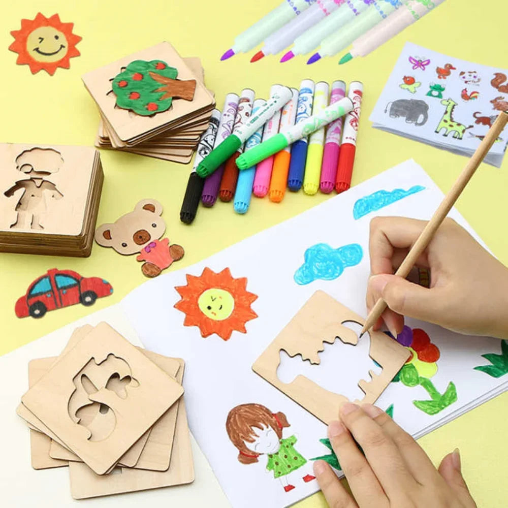 Kids Montessori Toys Drawing Toys Wooden DIY Painting Template Stencils Learning Educational Toys for Children Christmas Gift
