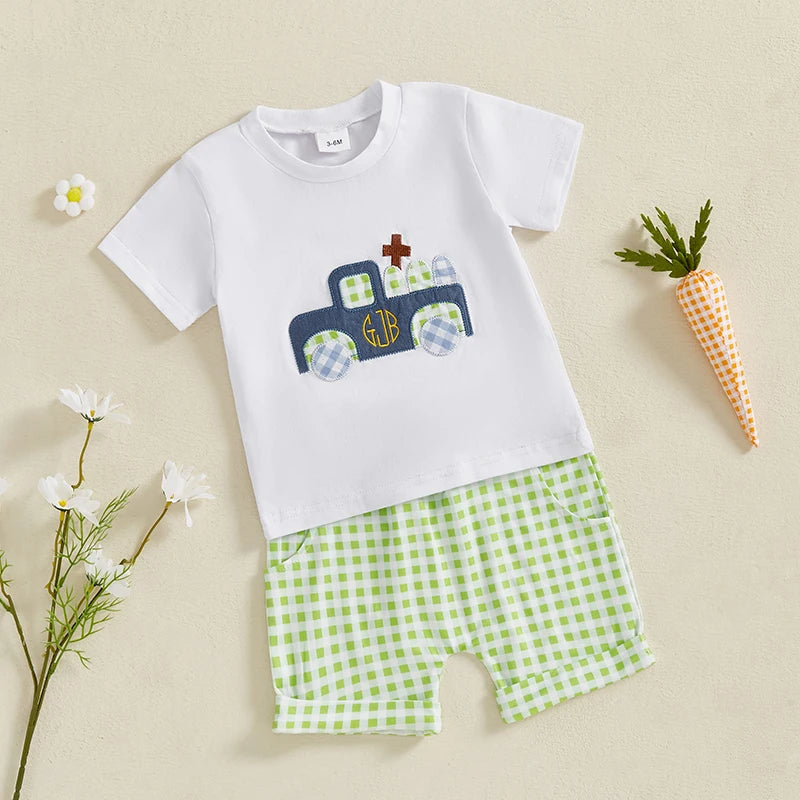 Adorable Infant Boys Summer Outfits Embroidered Round Neck Tee and Shorts Set for Easter Celebrations - 2 Piece Set