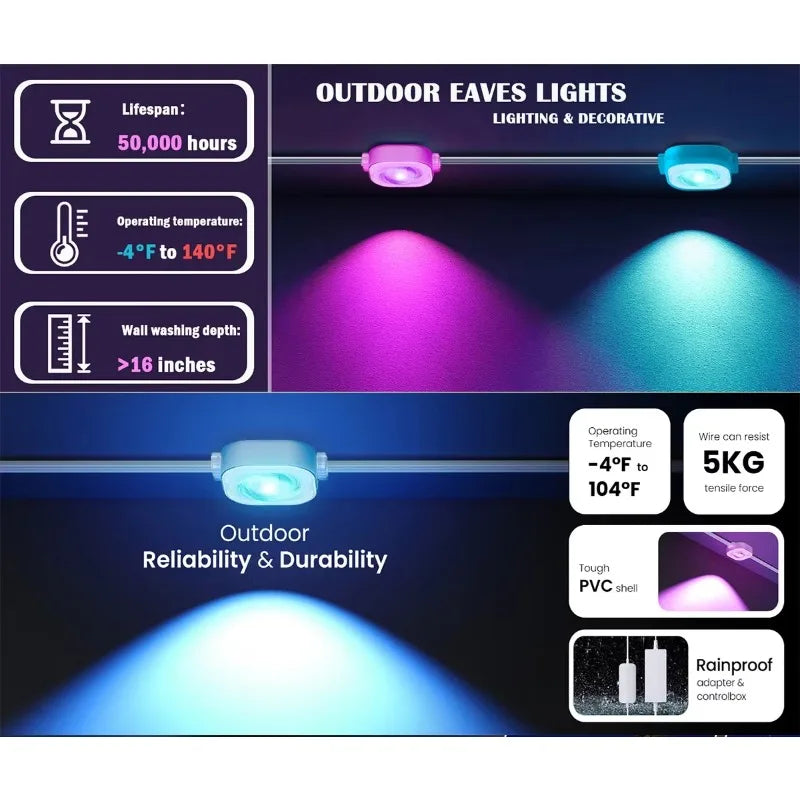 LED Lights 45M Permanent Outdoor Lights Smart RGBIC Eaves Festival Flashing Lighting Fairy String Christmas Holiday Decorations