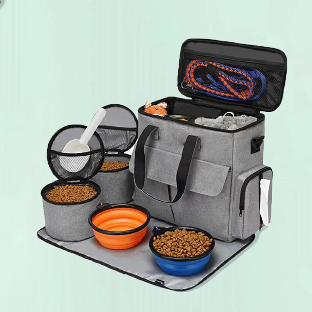 Dog Travel Bag Backpack Pet Accessories Organizer for Week Away/Overnight, w/ 2 Food Bags 1 Waterproof Placemat 2 Foldable Bowls
