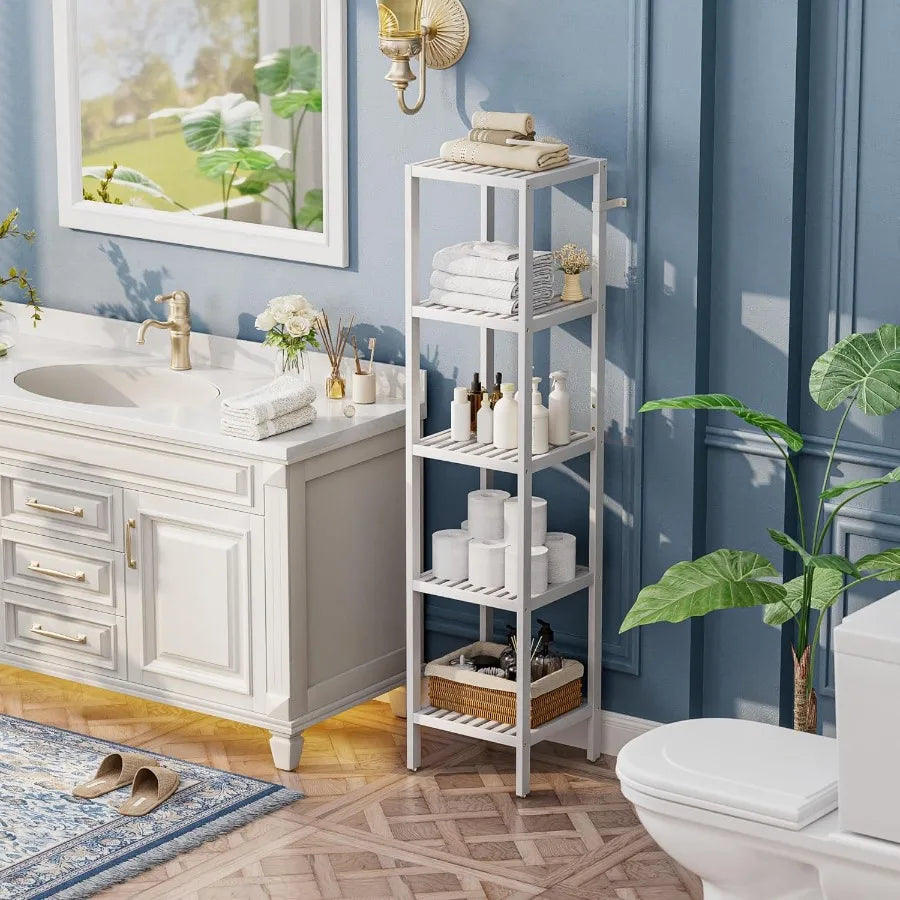 Bathroom Storage Shelf 5Tier Bamboo Rack Organizer Multifunctional Shelving Unit for Living Room Bedroom Kitchen White