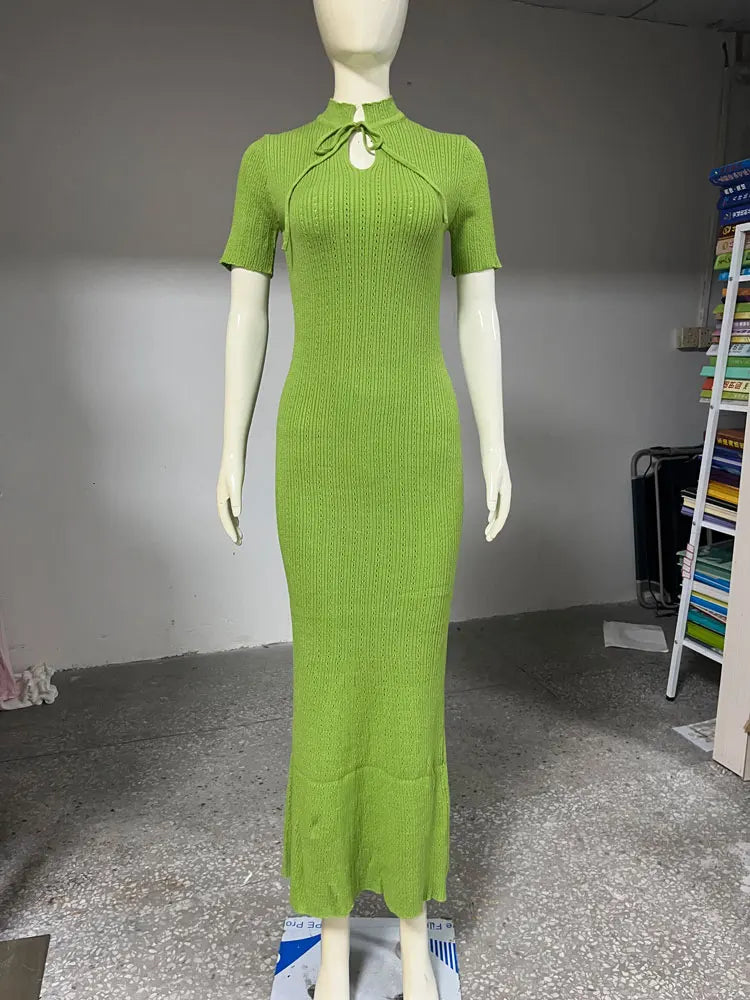 Tossy Women's Knit Lace-Up Dress – Hollow-Out Ribbed Short Sleeve, Patchwork High-Waist Elegant Long Dress