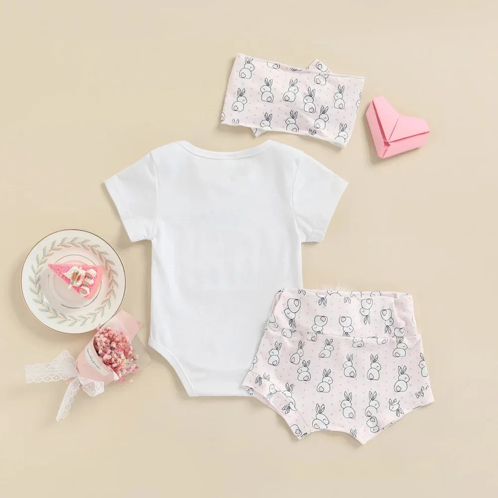 Children's Wear 2025 Easter Set Infant and Toddler Letter Short Sleeve Rabbit Printed Shorts Set