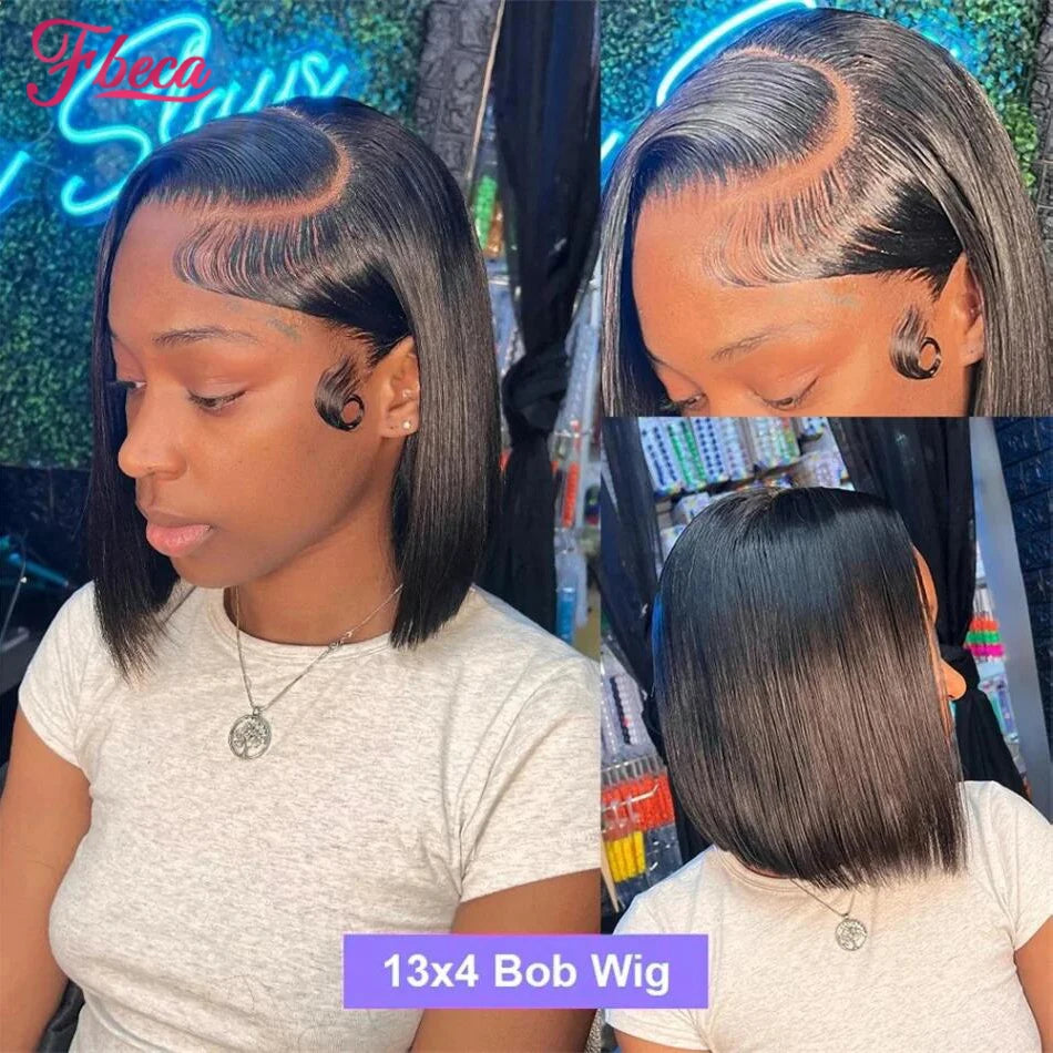 13x4 Straight Lace Frontal Bob Wig Pre Plucked Human Hair Wigs Brazilian Remy Bone Straight Short Bob Wig For Women 10-14 Inch
