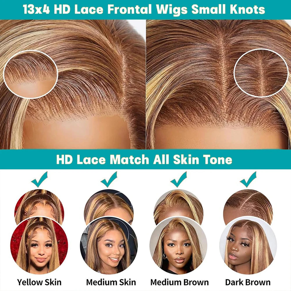 Highlight Ombre 13x6 Lace Front Wigs Human Hair Pre Plucked 200Density Straight HD Lace Frontal Wigs for Women 4/27 Honey Blonde