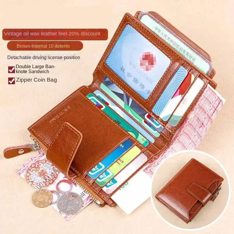 Fashion Vintage RFID Blocking Women Wallet Genuine Leather Fold The Zipper Wallet Credit Card Holder Coin Purse Wallet for Women
