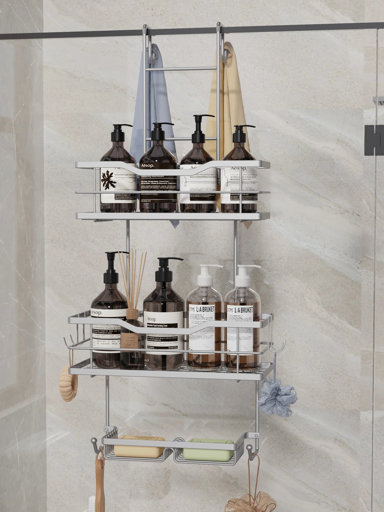 3-tier hanging shower caddy, large capacity hanging shower caddy, with 2 soap dishes