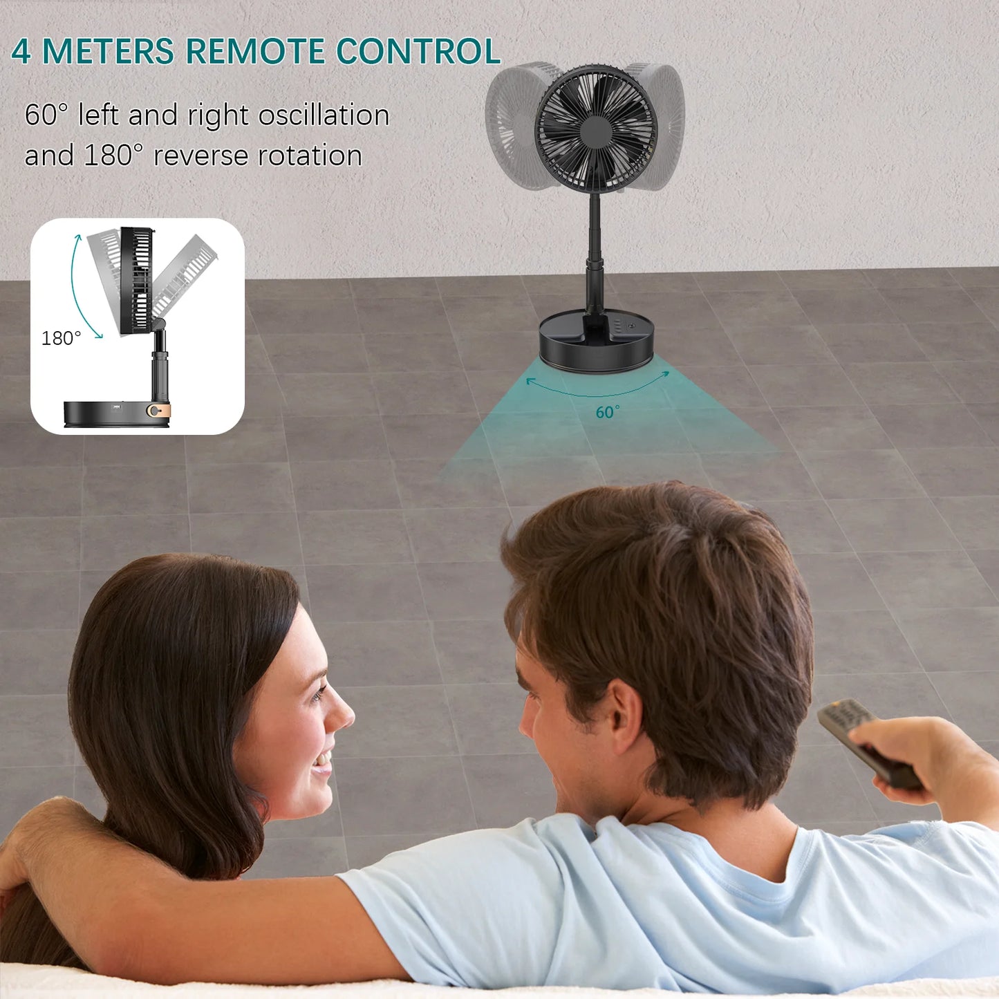Remote Control Hand Strap &USB Charging Port Battery Operated Portable Standing Fan, 4 Speed, Timer for Camping Travel Outdoor,