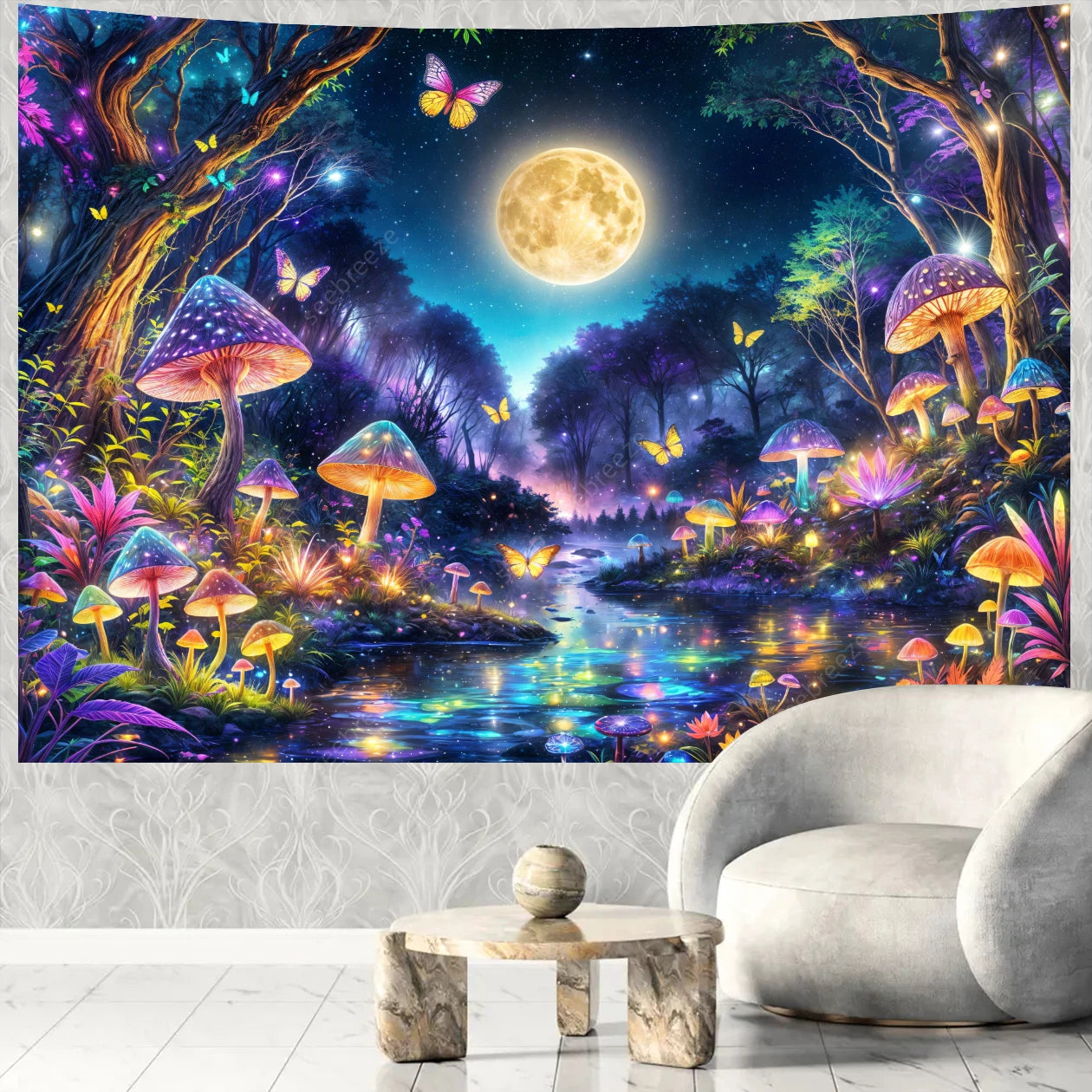 Butterfly Flower UV Reactive Tapestry Wall Hanging Hippie Boho Room Decor