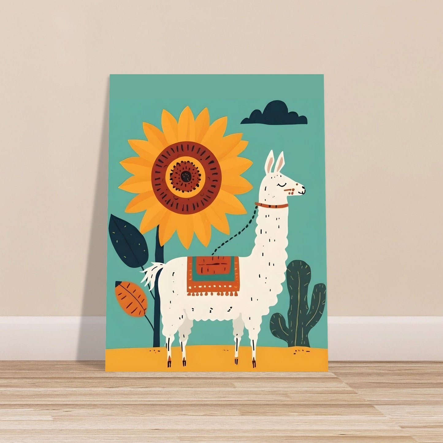 Whimsical Llama Folk Art Poster - Boho Wall Decor - Modern Mid-Century Colors