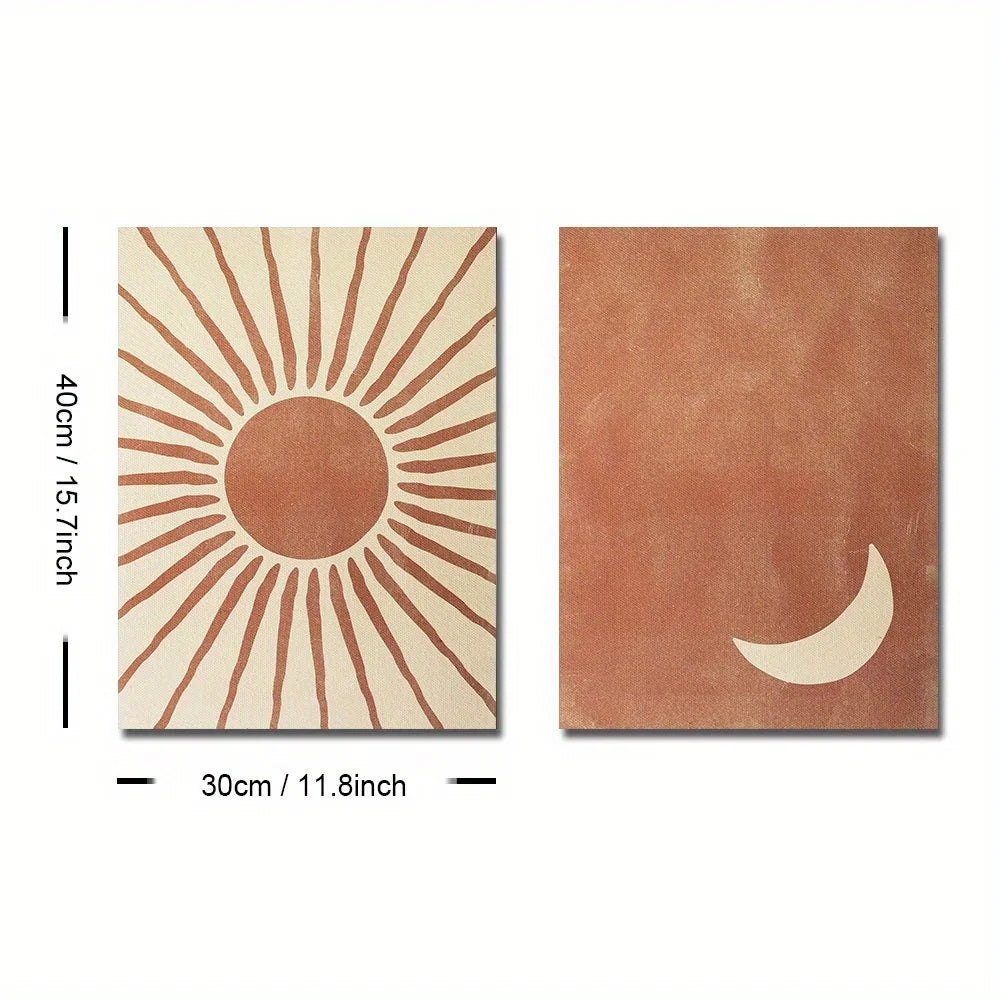 Bohemian Moon and Sun Wall Art Set – 2-Piece Abstract Clay & Beige Posters | DArtano