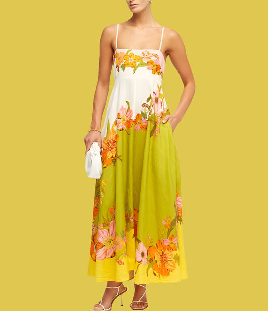 Casual Summer Dress For Women - High Waist Sleeveless Linen Swing Dress in Elegant Print