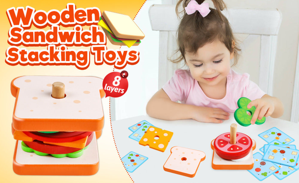 Montessori Wooden Burger Stacking Toys For Toddler Kids Preschool Learning Educational Toys Fine Motor Skill Kitchen Toys Gift