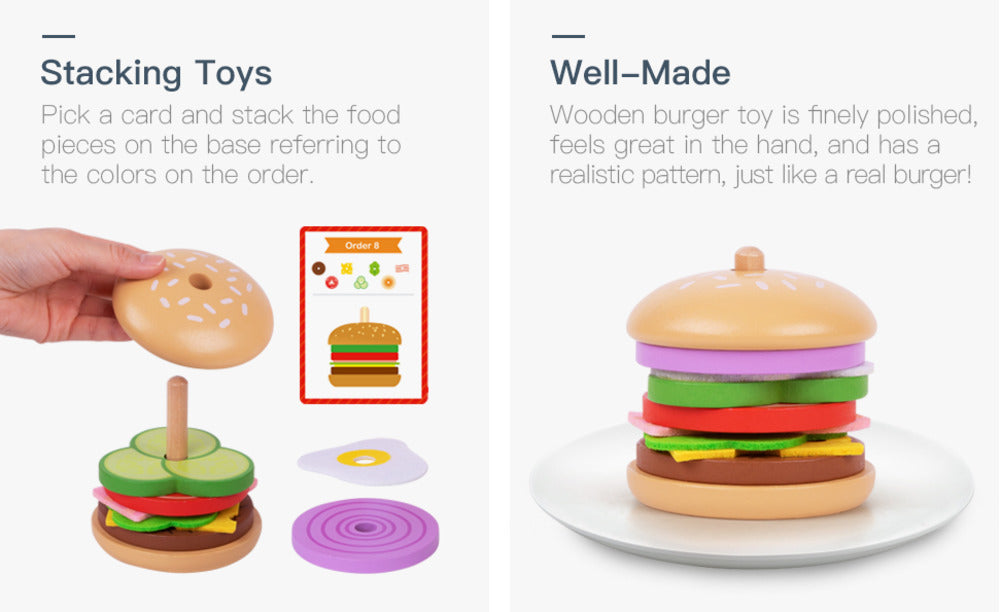 Montessori Wooden Burger Stacking Toys For Toddler Kids Preschool Learning Educational Toys Fine Motor Skill Kitchen Toys Gift