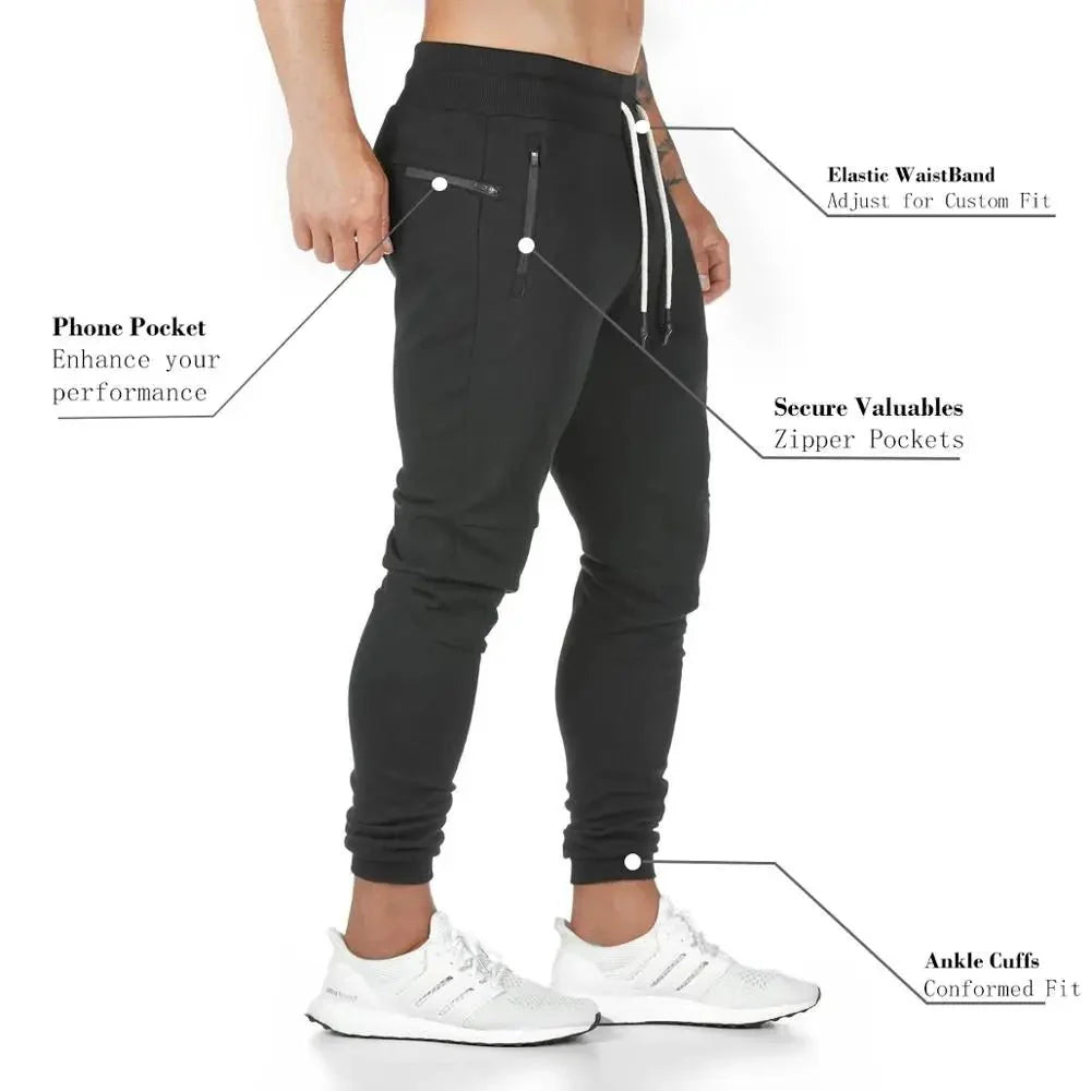 Jogger Pants, Gym Sweat Trousers Side Zipper Pockets Slim Fit Trousers for Men