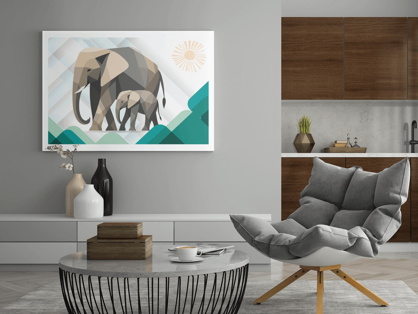 Elephant Duo Wall Art - Neutral Geometric Wildlife Illustration - Eco-Friendly Poster