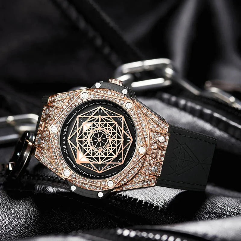 ONOLA Waterproof Sports Watch for Men - Quartz Diamond Clock with Leather Belt
