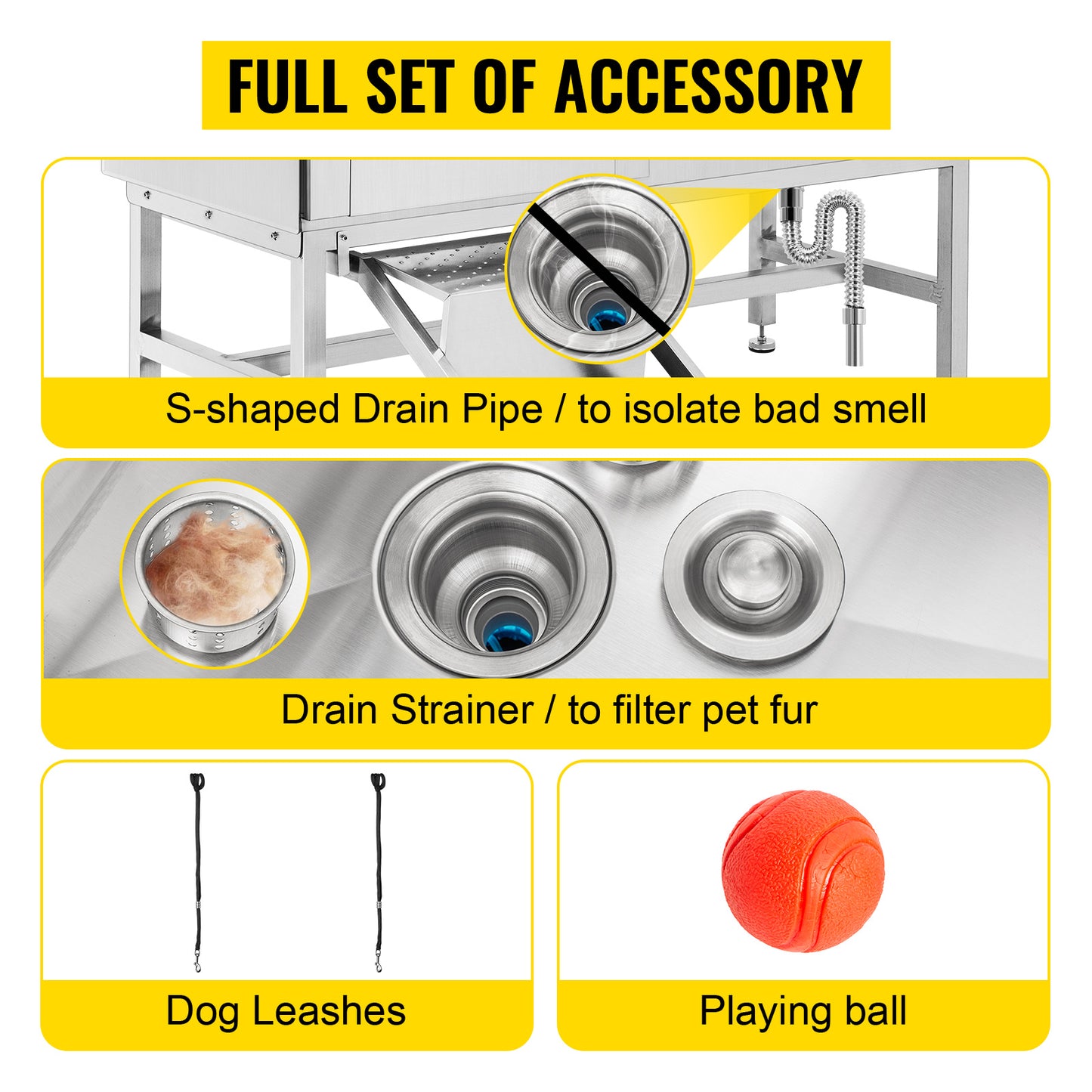 VEVOR 62 Inch Dog Grooming Tub Professional Stainless Steel Pet Dog Bath Tub With Steps Faucet & Accessories Dog Washing Station