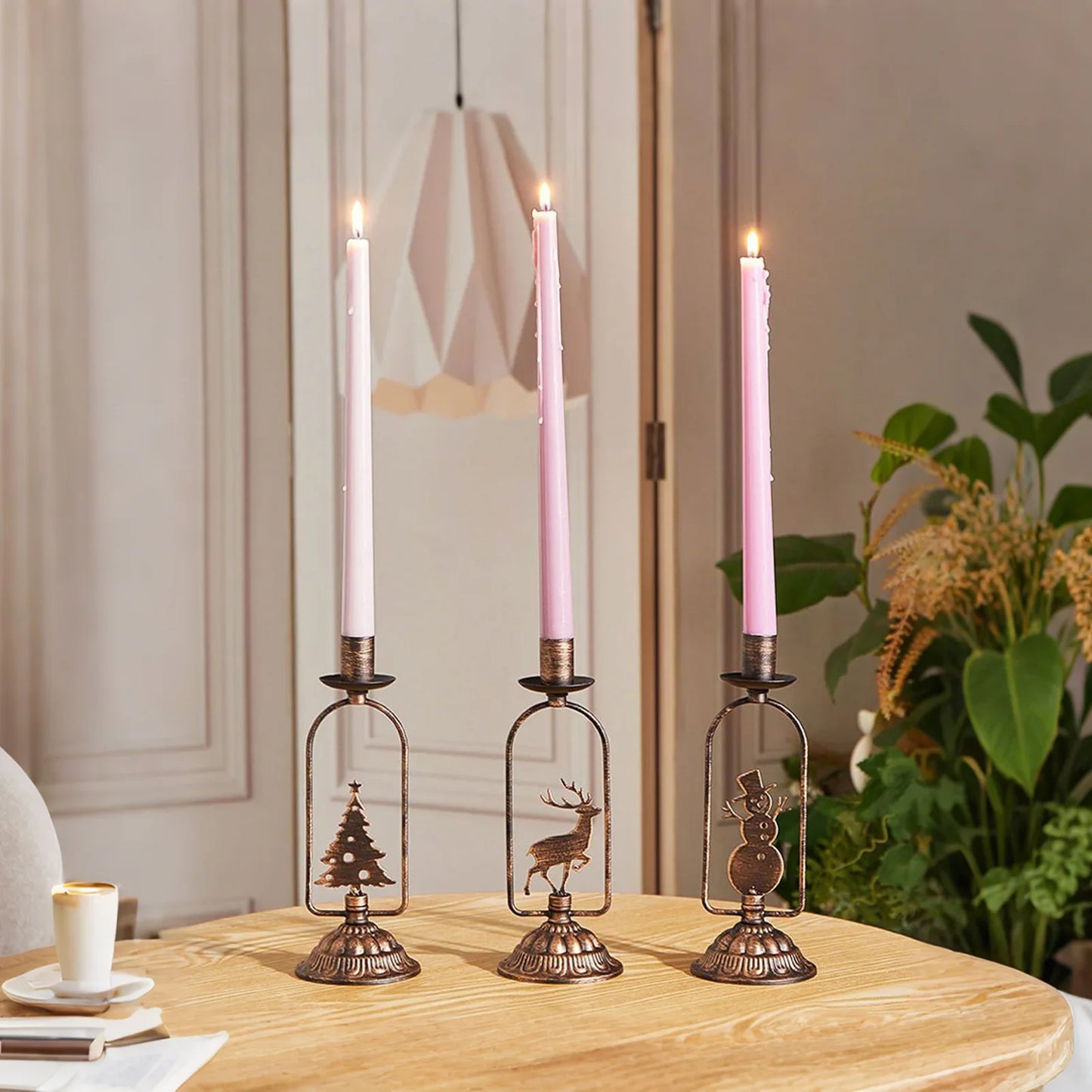 Set of 3 Iron Christmas Candle Holders β Tree, Snowman & Deer (Vintage Bronze)