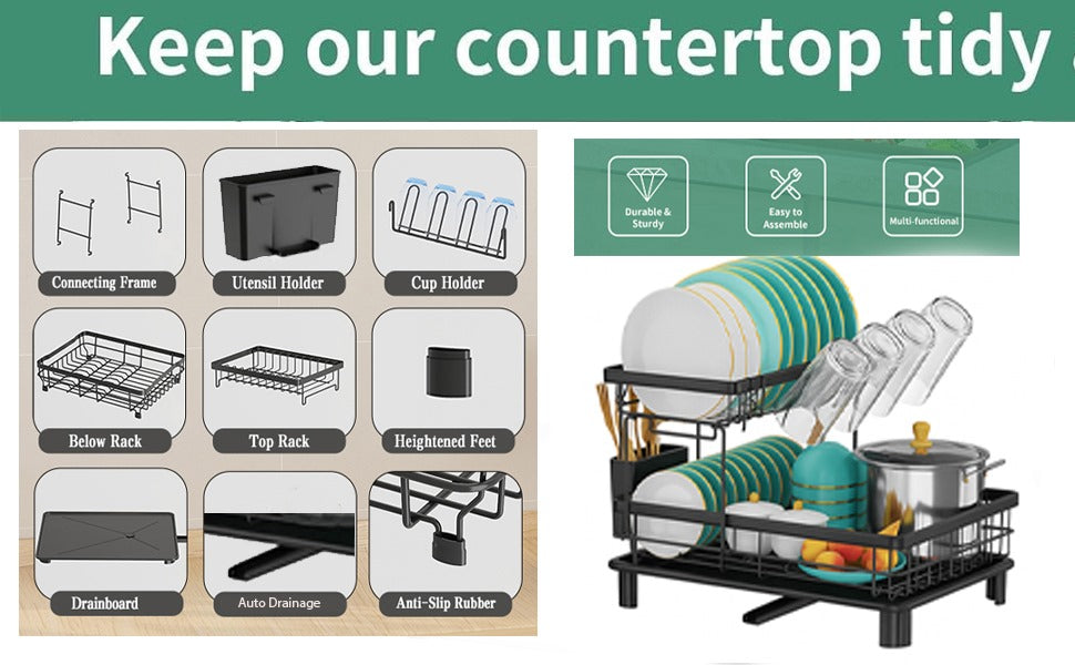 2Tier Dish Drainer Rack Space-Saving Dish Rack with Swivel Drainage Large Capacity Drainboard Utensil Holder Plates Cups Cutlery