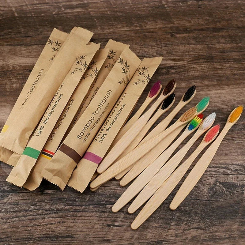 10pcs Eco Bamboo Toothbrush Set – Biodegradable Soft Bristle
