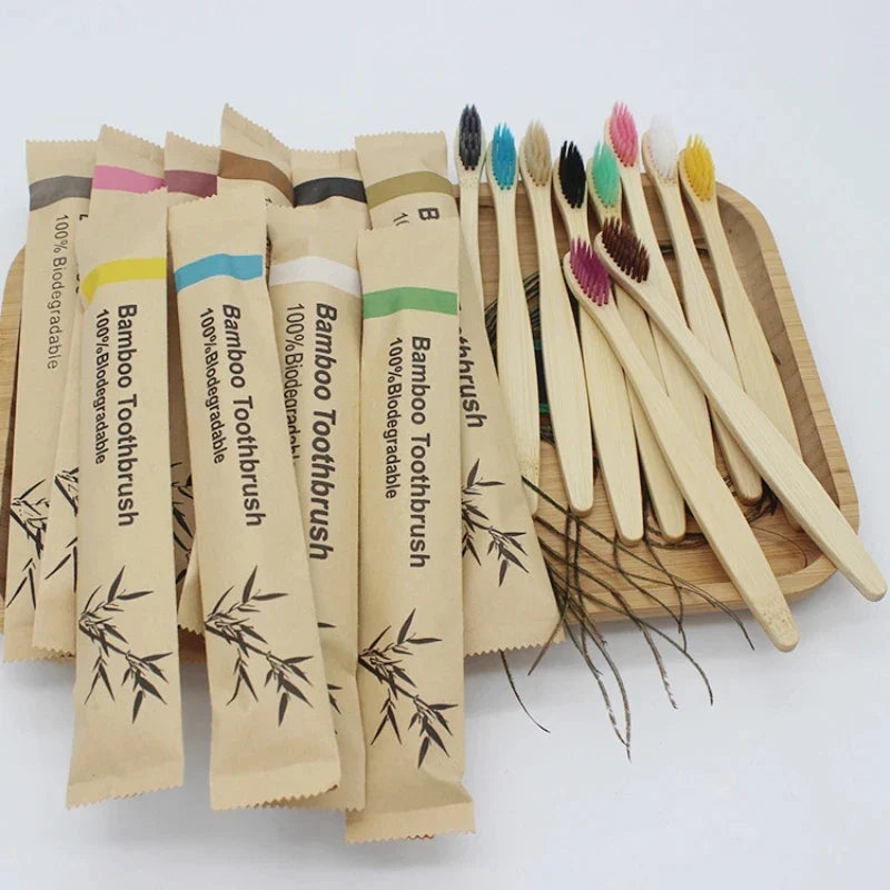 10pcs Eco Bamboo Toothbrush Set – Biodegradable Soft Bristle
