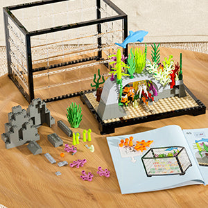 Fish Tank Building Block, Lighting Aquarium Building Sets with Treasure Chest, 533 Pcs, Animal Building Toys for Boys Girls 8-12