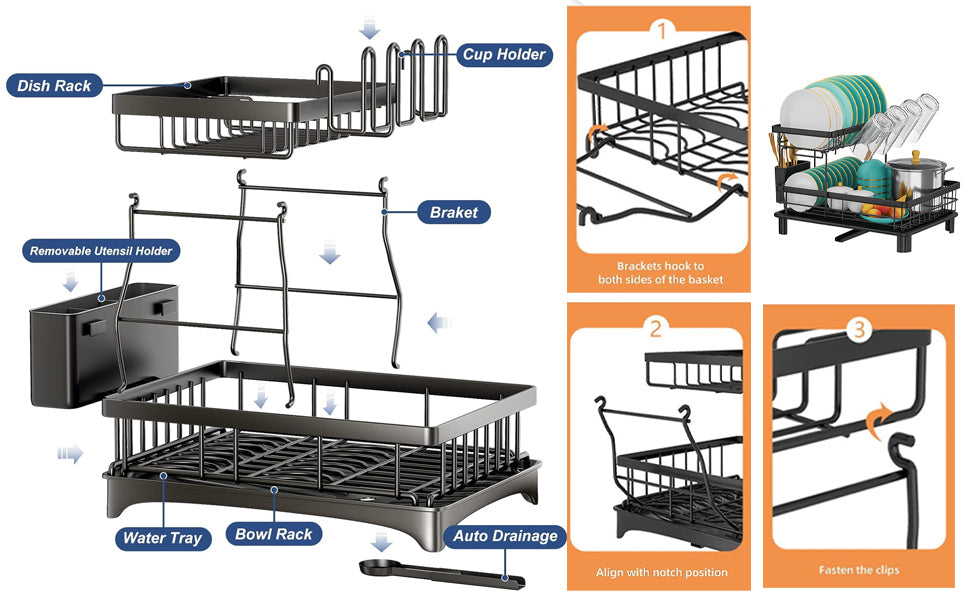 2Tier Dish Drainer Rack Space-Saving Dish Rack with Swivel Drainage Large Capacity Drainboard Utensil Holder Plates Cups Cutlery