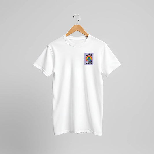 Love Is Love T-Shirt – Retro LGBTQ+ Pride Tee | Bella + Canvas 3001 Premium Unisex Crewneck | Rainbow Pocket Print Gift for All