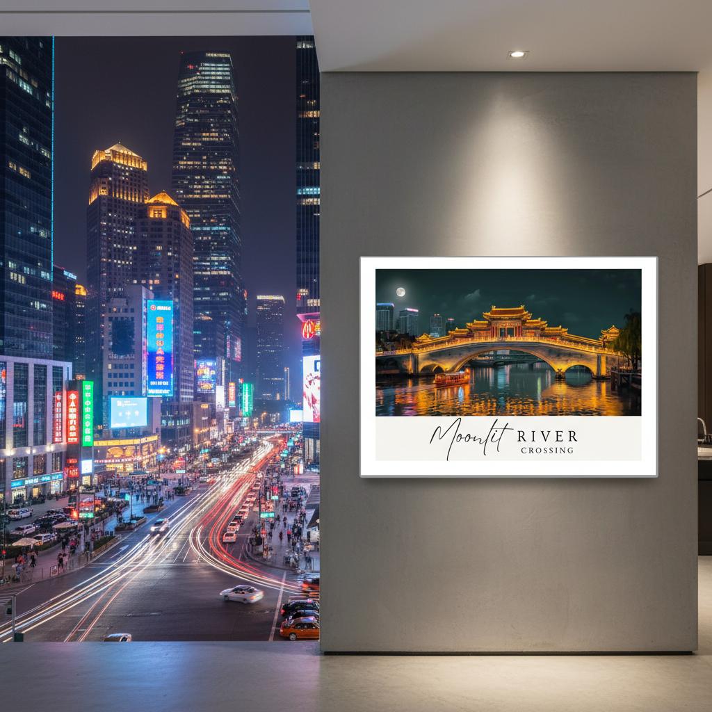 Moonlit River Crossing Poster | Illuminated Bridge Night Scene | Modern Landscape Wall Art Print
