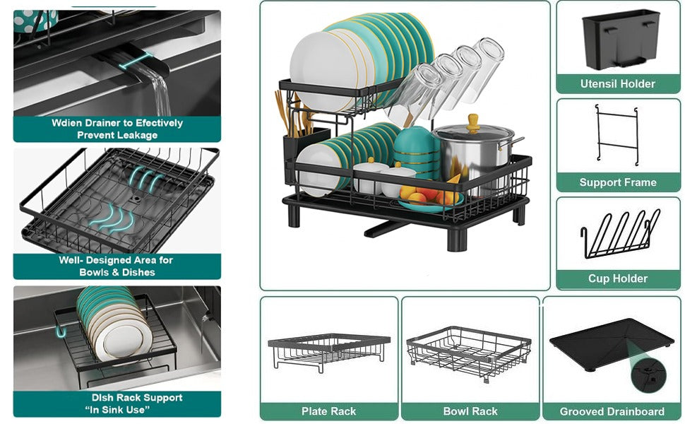 2Tier Dish Drainer Rack Space-Saving Dish Rack with Swivel Drainage Large Capacity Drainboard Utensil Holder Plates Cups Cutlery