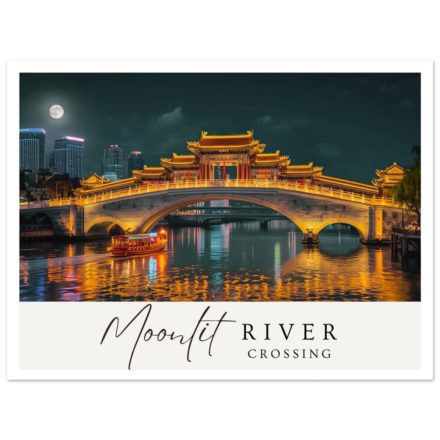 Moonlit River Crossing Poster | Illuminated Bridge Night Scene | Modern Landscape Wall Art Print