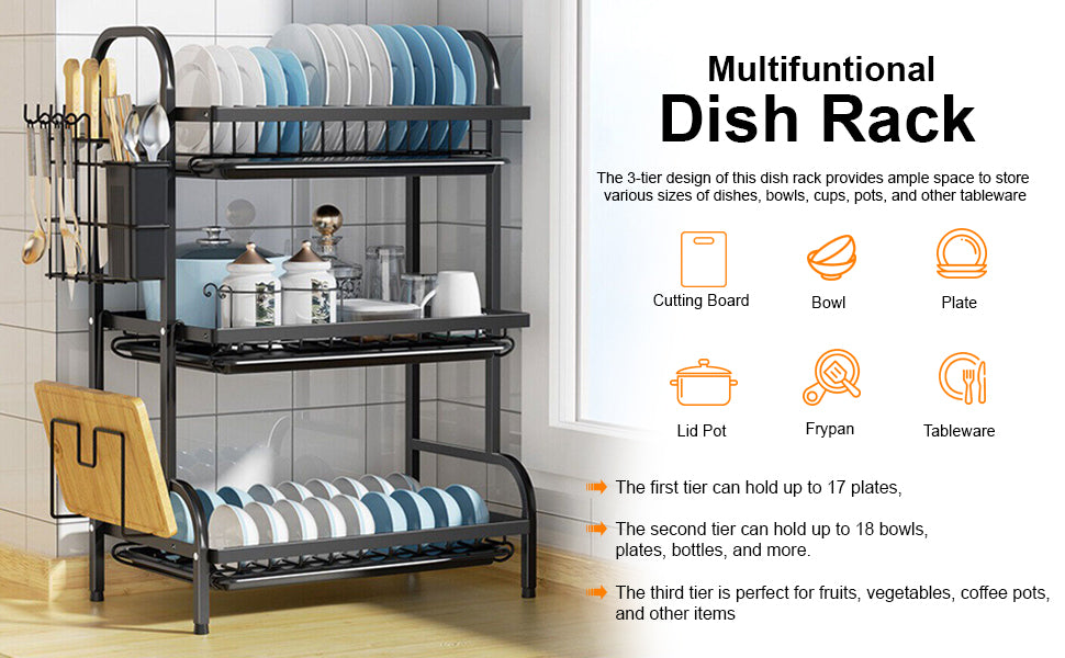 3 Tier Dish Drying Rack Drain Board Set Tableware Drainer Kitchen Countertop Storage Rack Cup Holder Knife and Fork Holder Uk