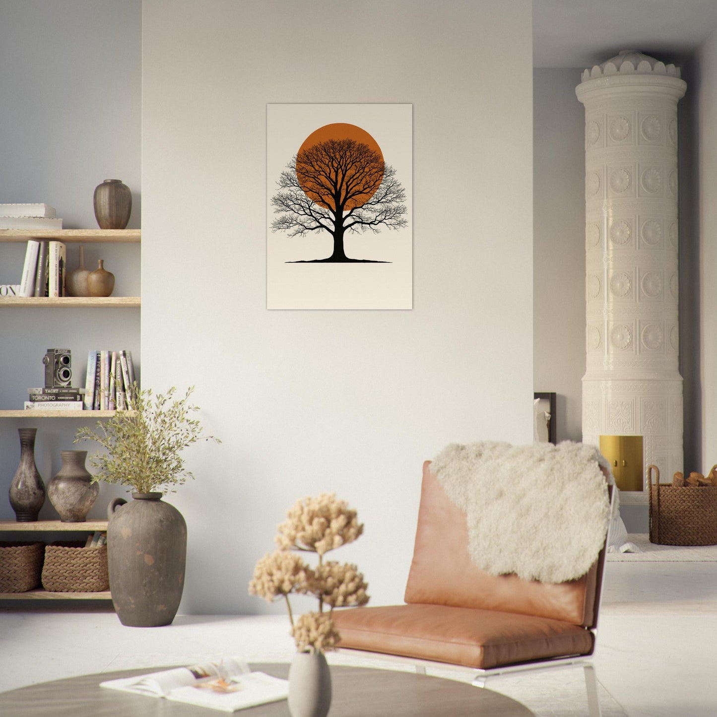 Orange Sun Oak Tree Poster – Minimalist Nature Wall Art