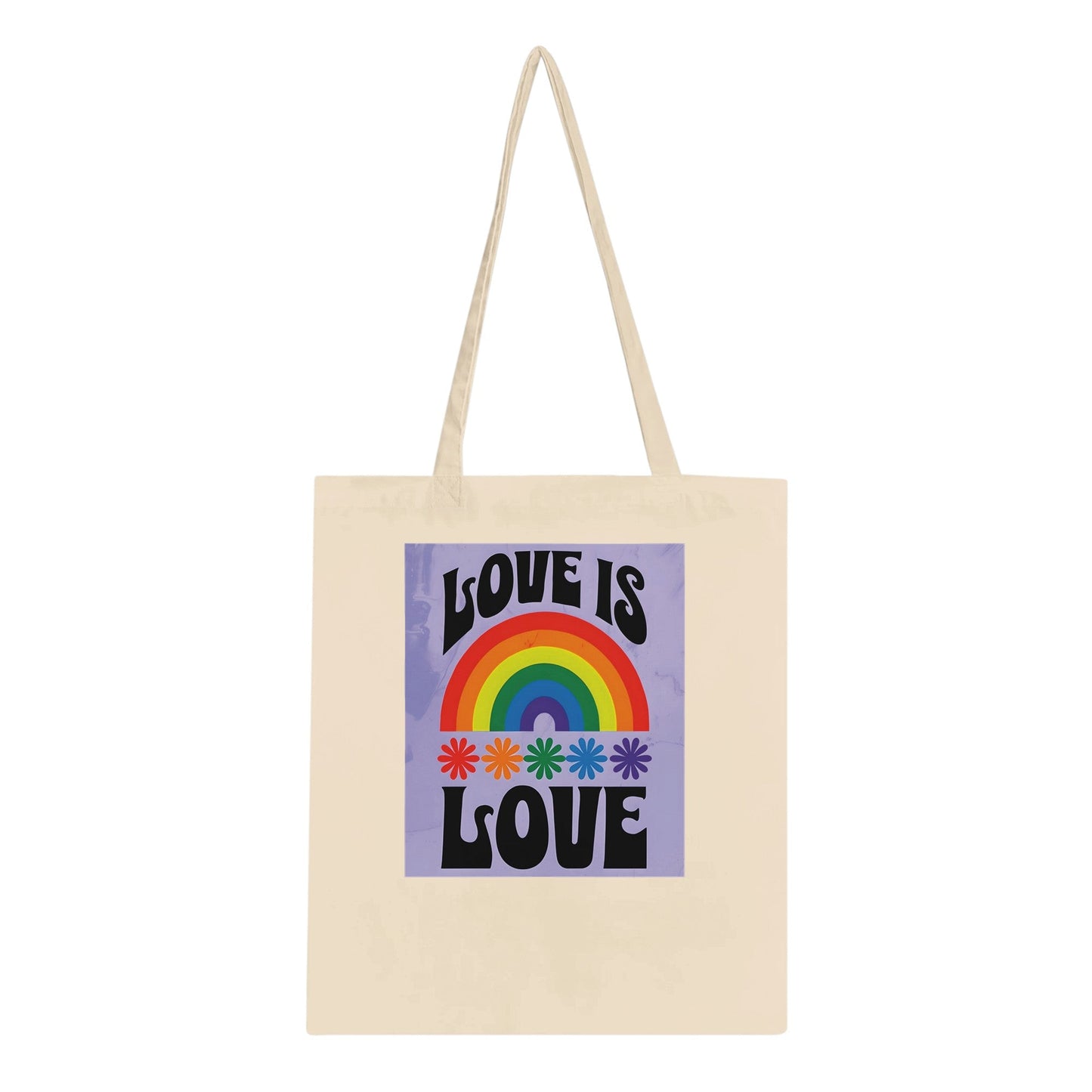 Love Is Love Tote Bag – LGBTQ+ Pride Rainbow Shopper Bag | Eco-Friendly Reusable Cotton Tote with Retro 70s Style Design