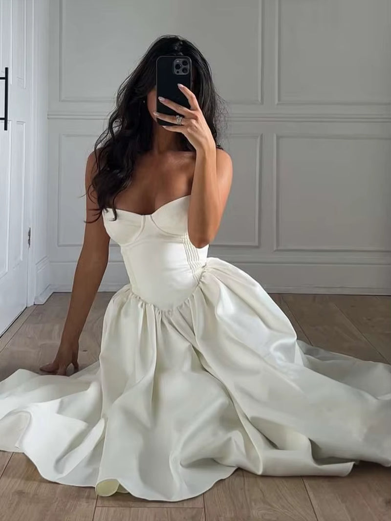 Backless Elegant Dress Women Sexy Cleavage Chest Wrap Y2Kstyle Loose Ruffles Gown Sweet Girl Prom Trend Long Bodycon