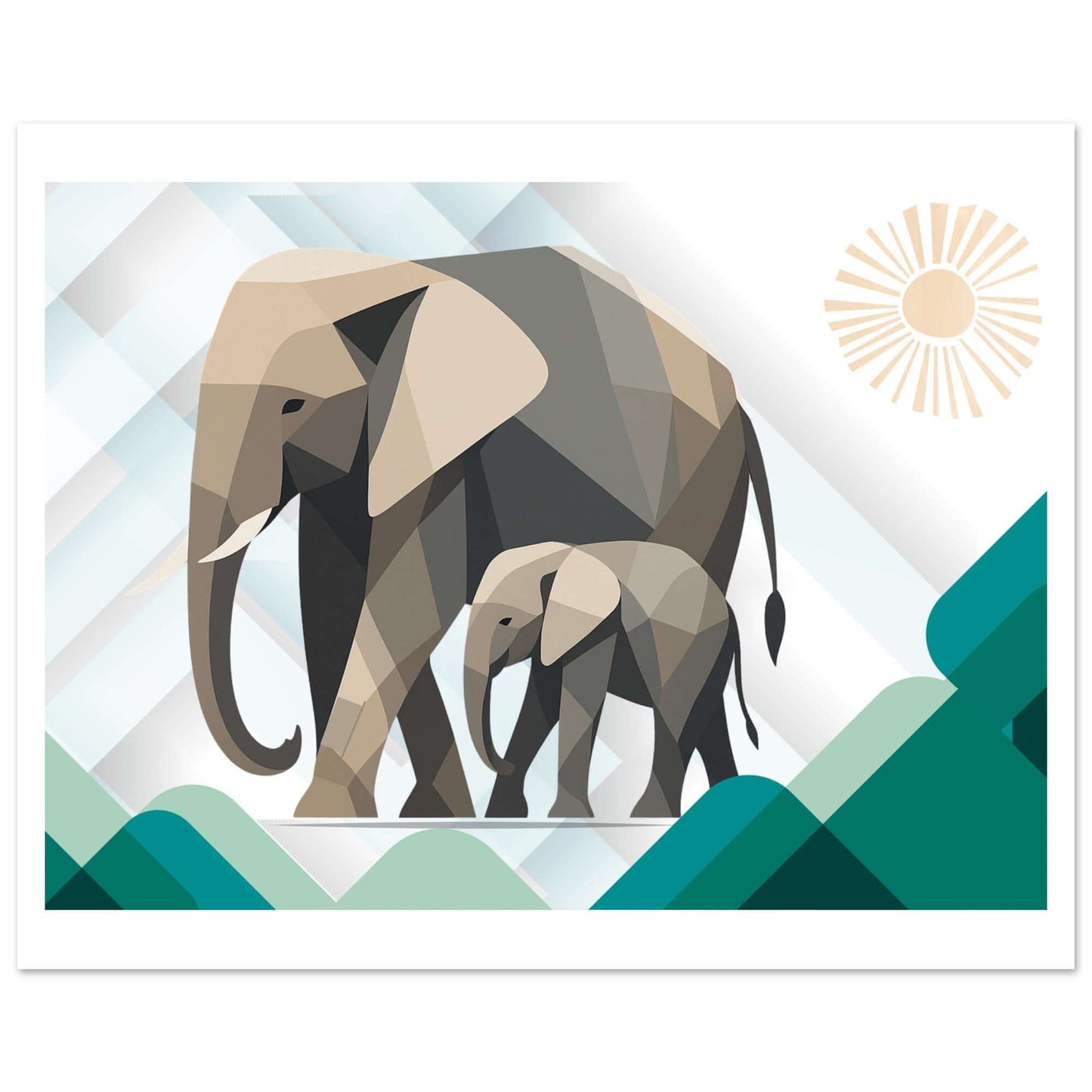 Elephant Duo Wall Art - Neutral Geometric Wildlife Illustration - Eco-Friendly Poster