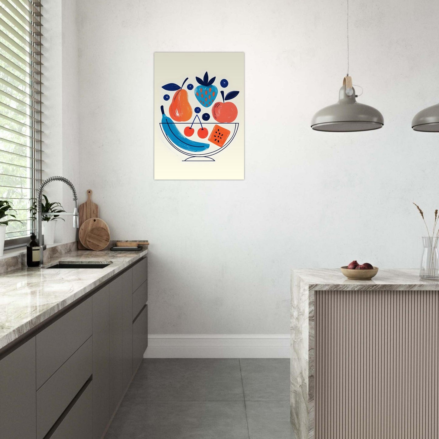 Modern Fruit Bowl Poster - Scandinavian Kitchen Wall Art - Colorful Food Illustration Print