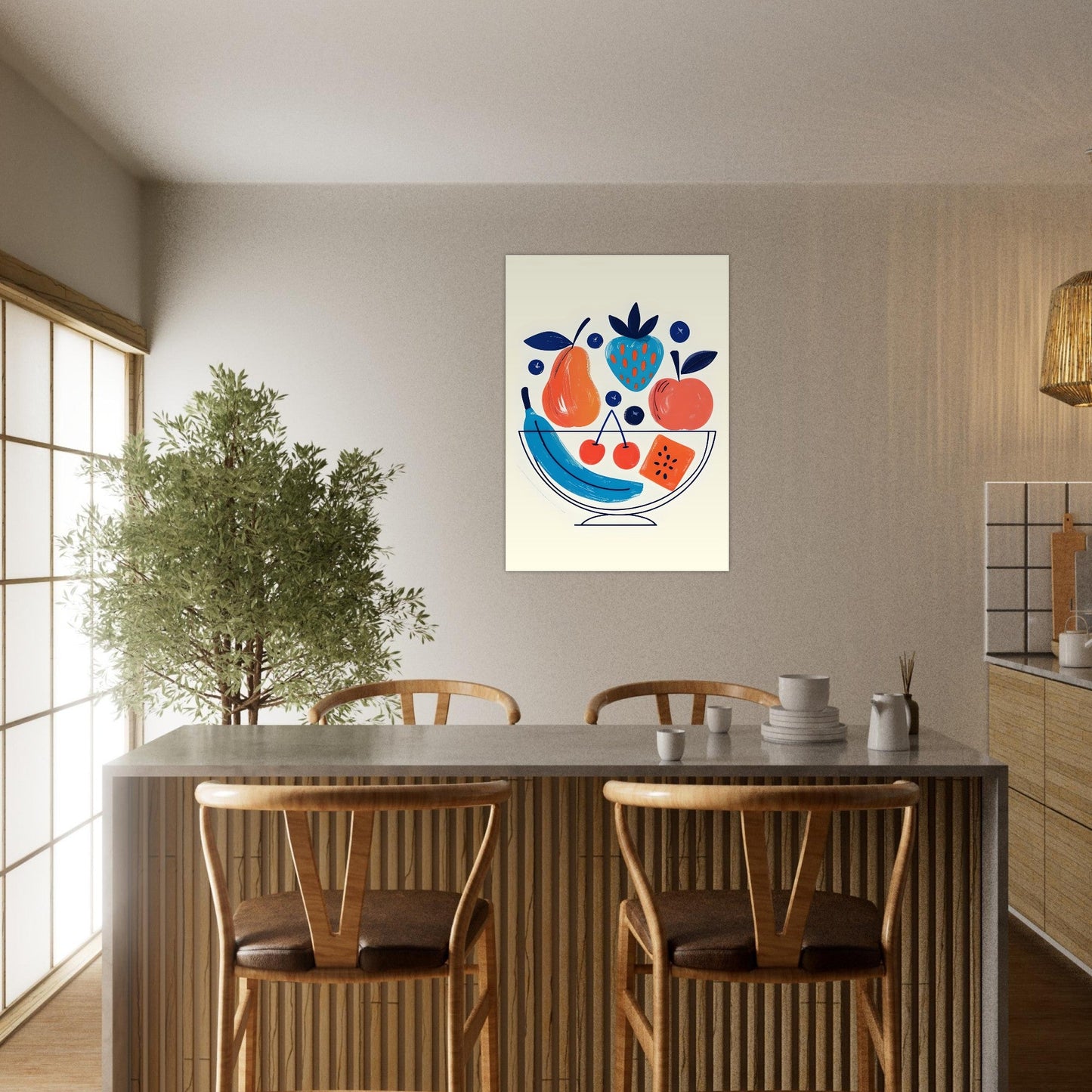 Modern Fruit Bowl Poster - Scandinavian Kitchen Wall Art - Colorful Food Illustration Print
