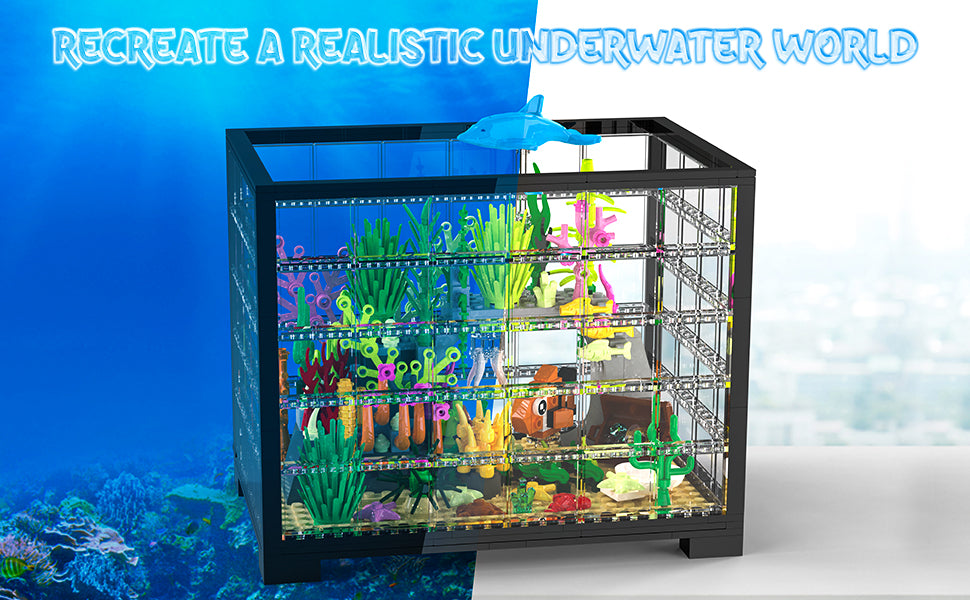 Fish Tank Building Block, Lighting Aquarium Building Sets with Treasure Chest, 533 Pcs, Animal Building Toys for Boys Girls 8-12