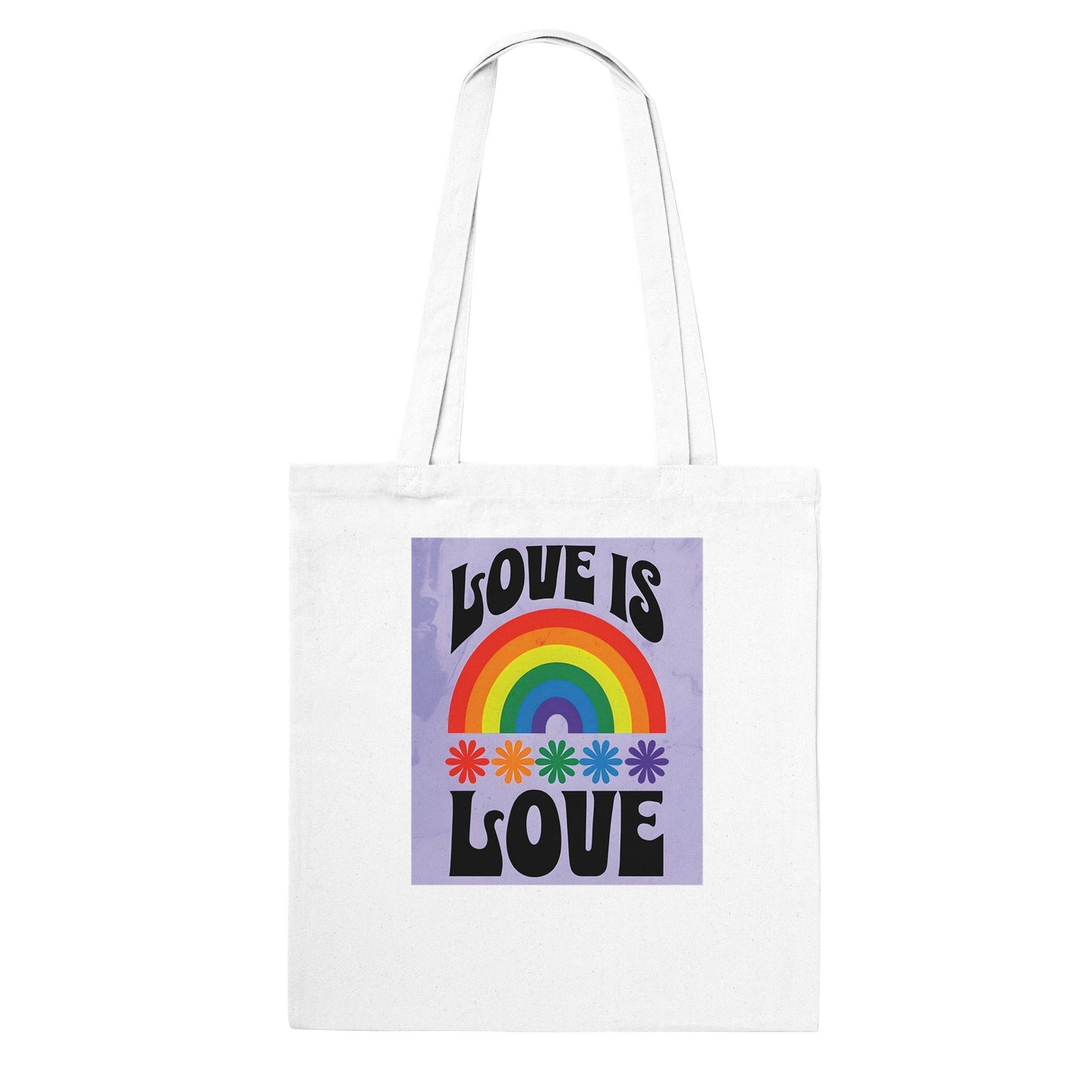 Love Is Love Tote Bag – LGBTQ+ Pride Rainbow Shopper Bag | Eco-Friendly Reusable Cotton Tote with Retro 70s Style Design