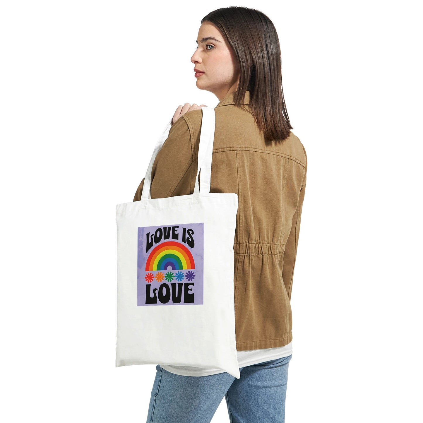 Love Is Love Tote Bag – LGBTQ+ Pride Rainbow Shopper Bag | Eco-Friendly Reusable Cotton Tote with Retro 70s Style Design