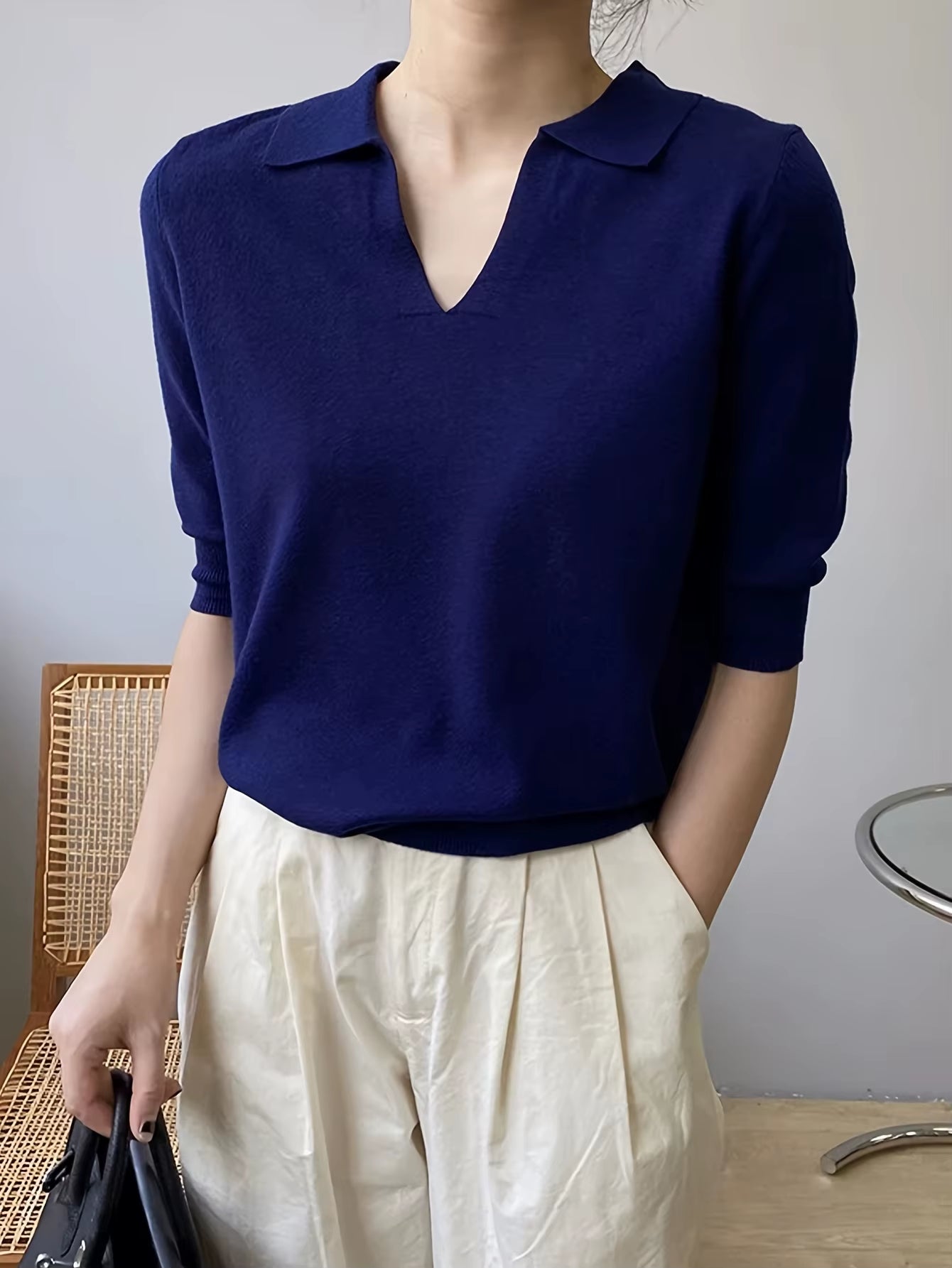 Spring and Summer Lapel Small V Solid Color Three-Quarter Sleeve Knitwear, Simple and Elegant, Fashionable and Versatile